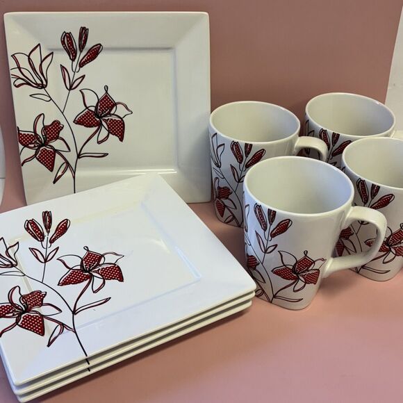 Coventry Porcelain Dinnerware Lilly Blossom Design 4 Mugs 4 Square Lunch Plates - Picture 1 of 12
